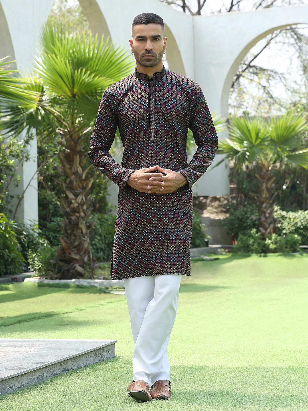 Cotton Rayon Embroidered Mandarin Collar Sequinned Kurta with Elastic Waistband White Pyjama - Image 12