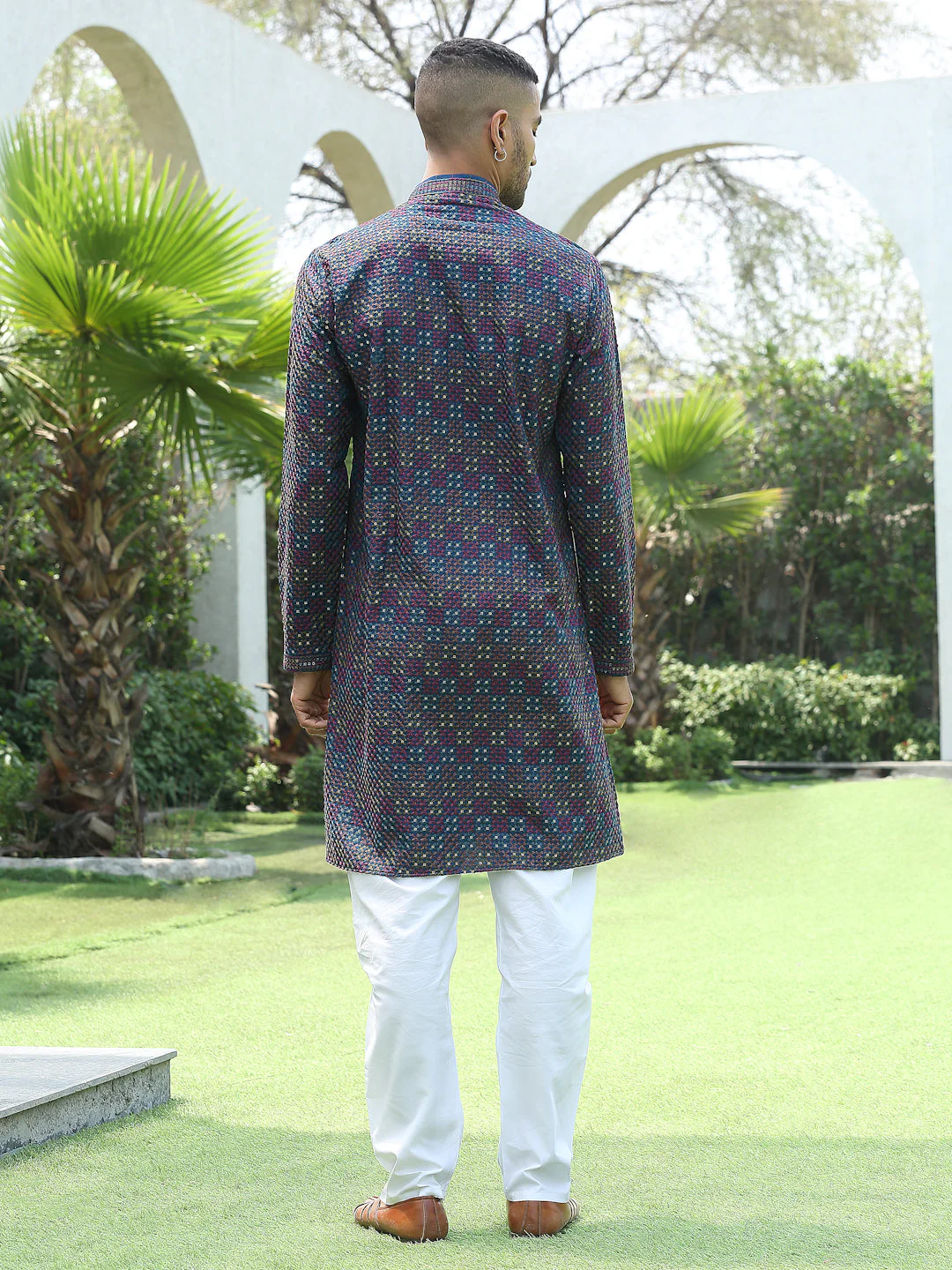 Cotton Rayon Embroidered Mandarin Collar Sequinned Kurta with Elastic Waistband White Pyjama - Image 14