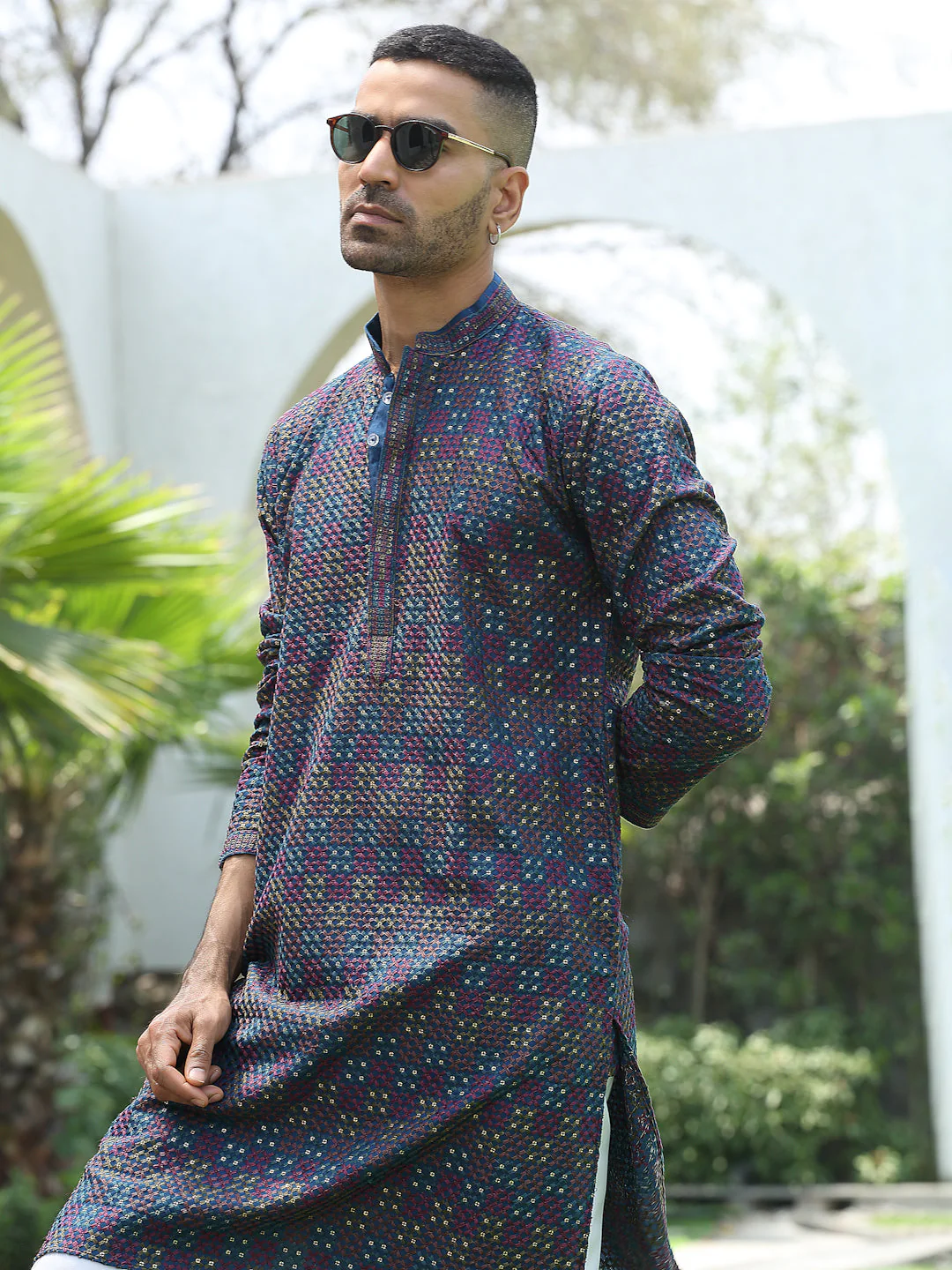 Cotton Rayon Embroidered Mandarin Collar Sequinned Kurta with Elastic Waistband White Pyjama - Image 17
