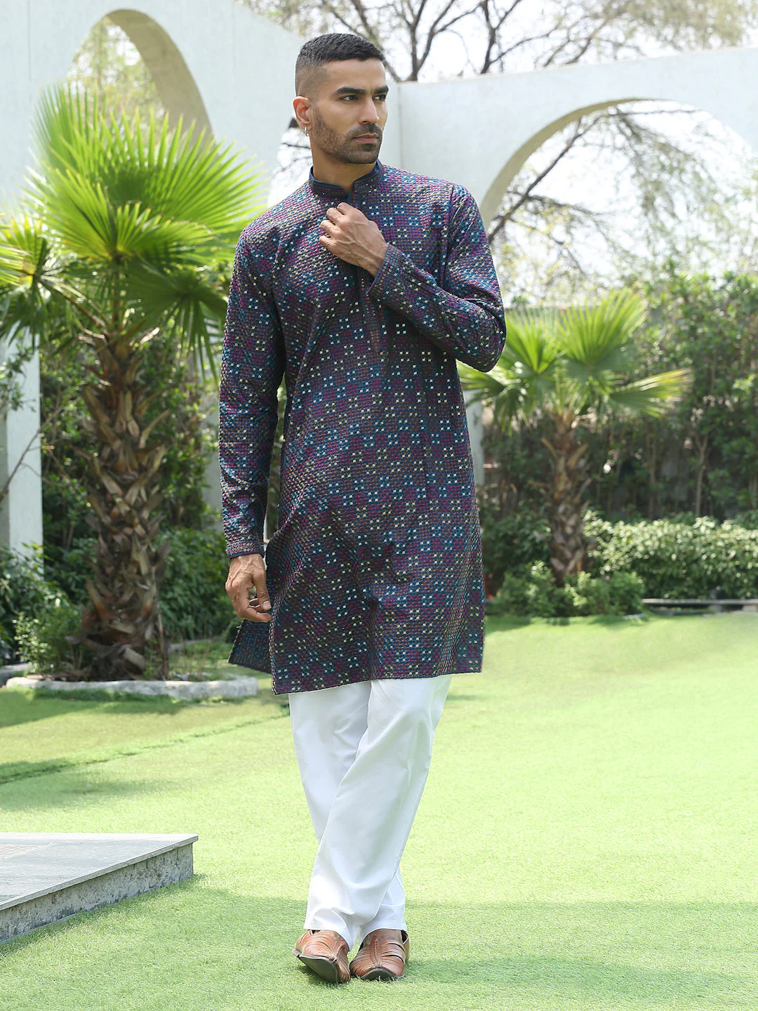 Cotton Rayon Embroidered Mandarin Collar Sequinned Kurta with Elastic Waistband White Pyjama - Image 18