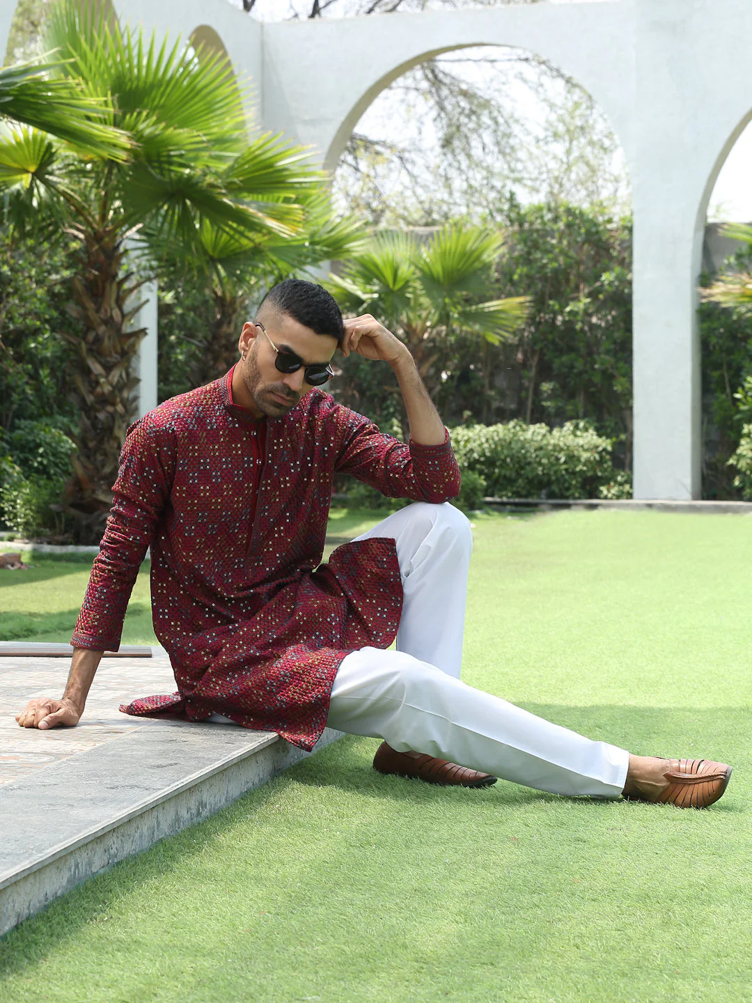 Cotton Rayon Embroidered Mandarin Collar Sequinned Kurta with Elastic Waistband White Pyjama - Image 19