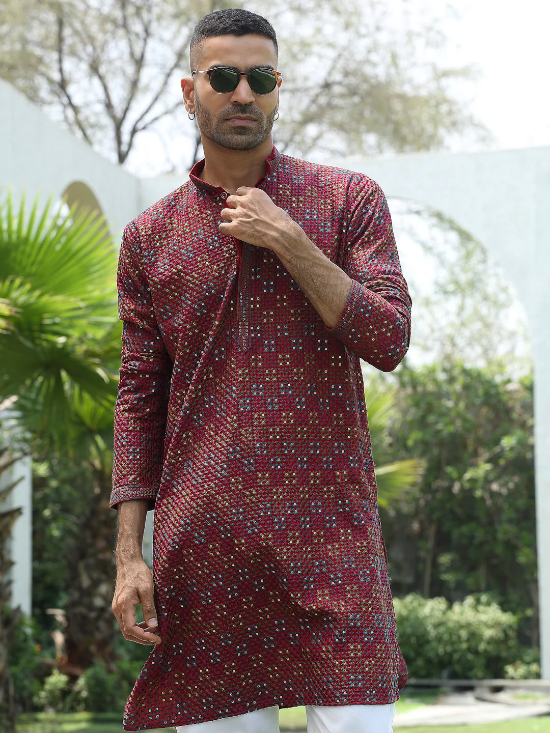 Cotton Rayon Embroidered Mandarin Collar Sequinned Kurta with Elastic Waistband White Pyjama - Image 23