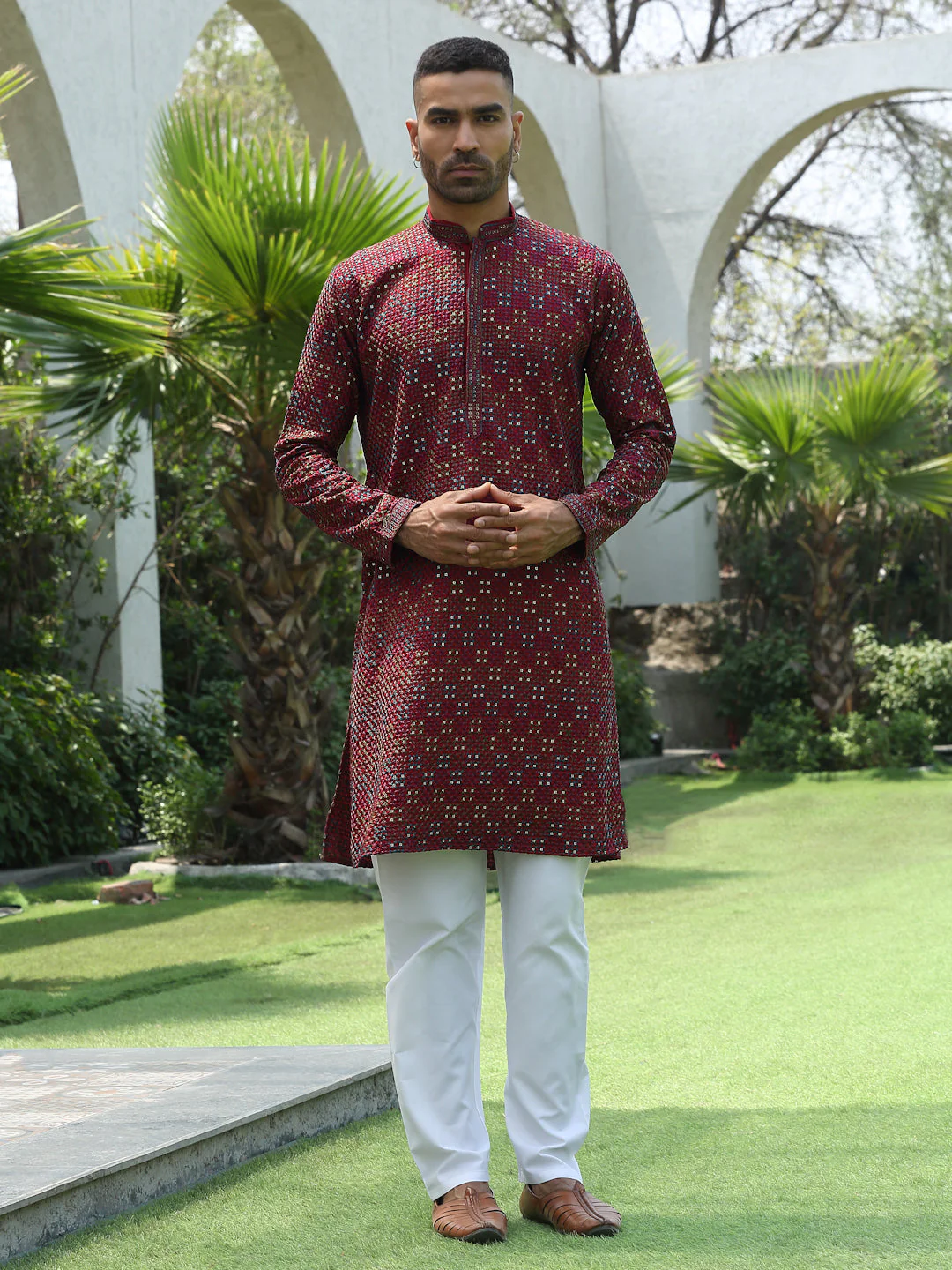 Cotton Rayon Embroidered Mandarin Collar Sequinned Kurta with Elastic Waistband White Pyjama - Image 24