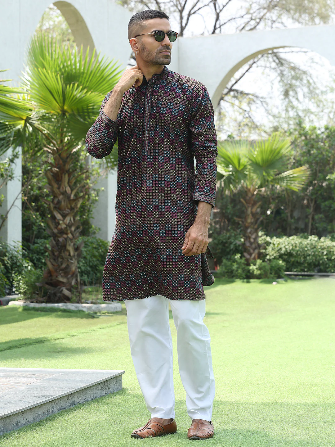 Cotton Rayon Embroidered Mandarin Collar Sequinned Kurta with Elastic Waistband White Pyjama - Image 7