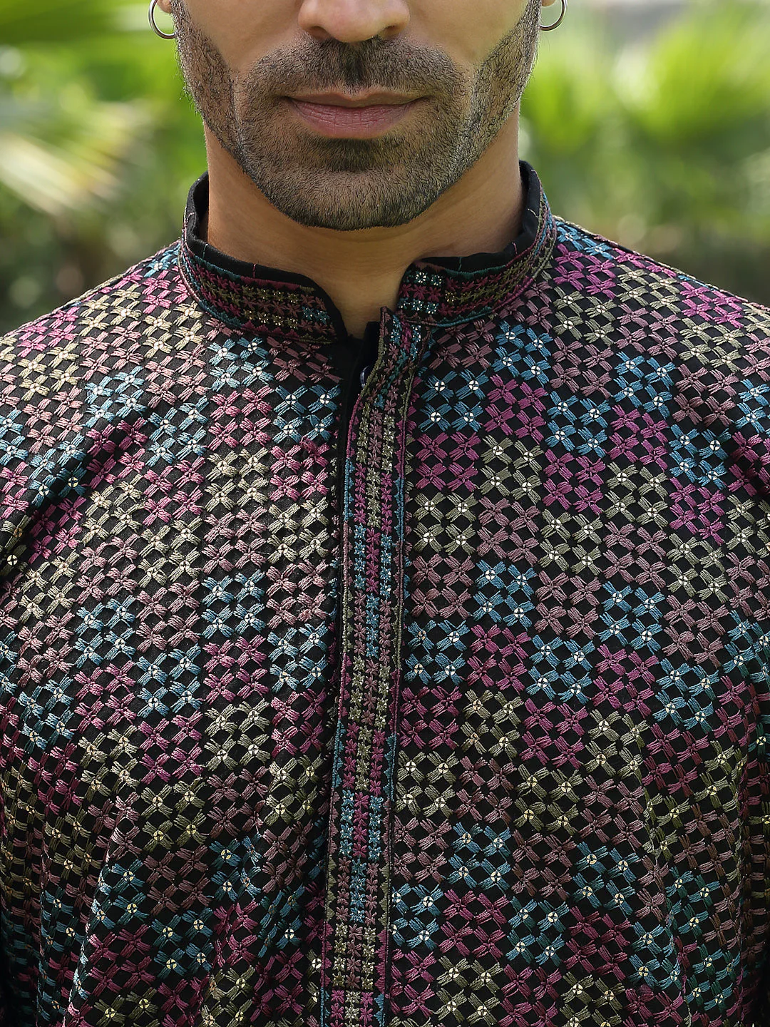 Cotton Rayon Embroidered Mandarin Collar Sequinned Kurta with Elastic Waistband White Pyjama - Image 9
