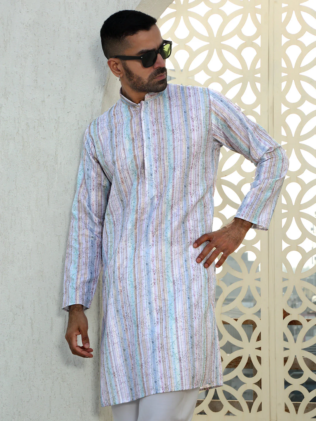 Cotton Zari Embroidered Chikan Floral Print Kurta with white Elastic waistband Pyjama set - Image 5