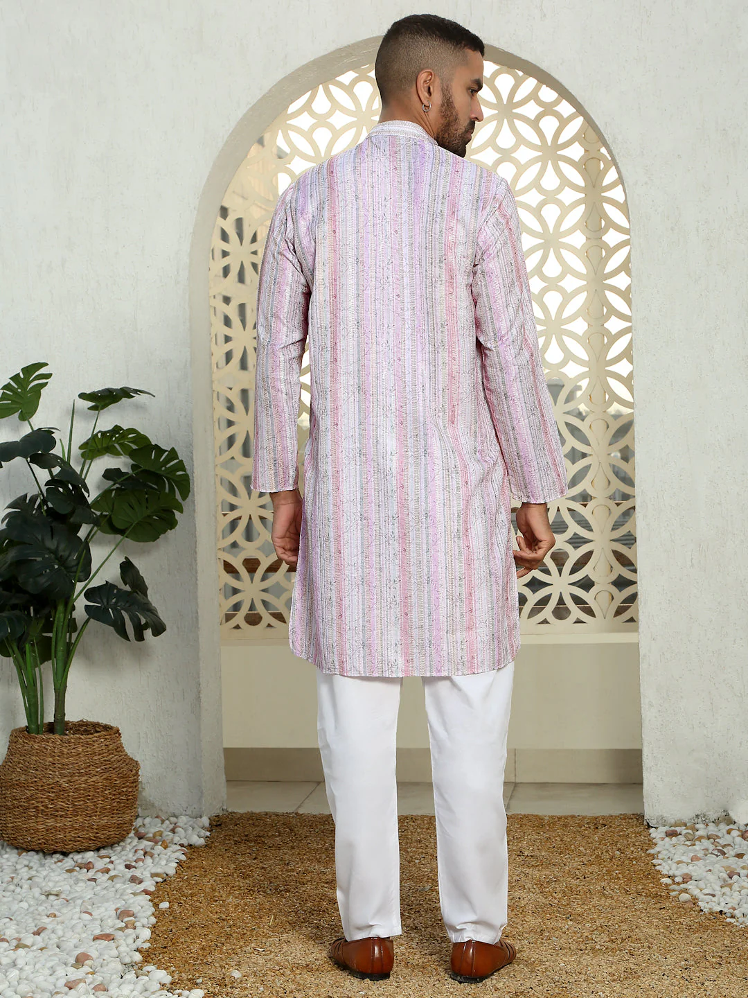 Cotton Zari Embroidered Chikan Floral Print Kurta with white Elastic waistband Pyjama set - Image 7