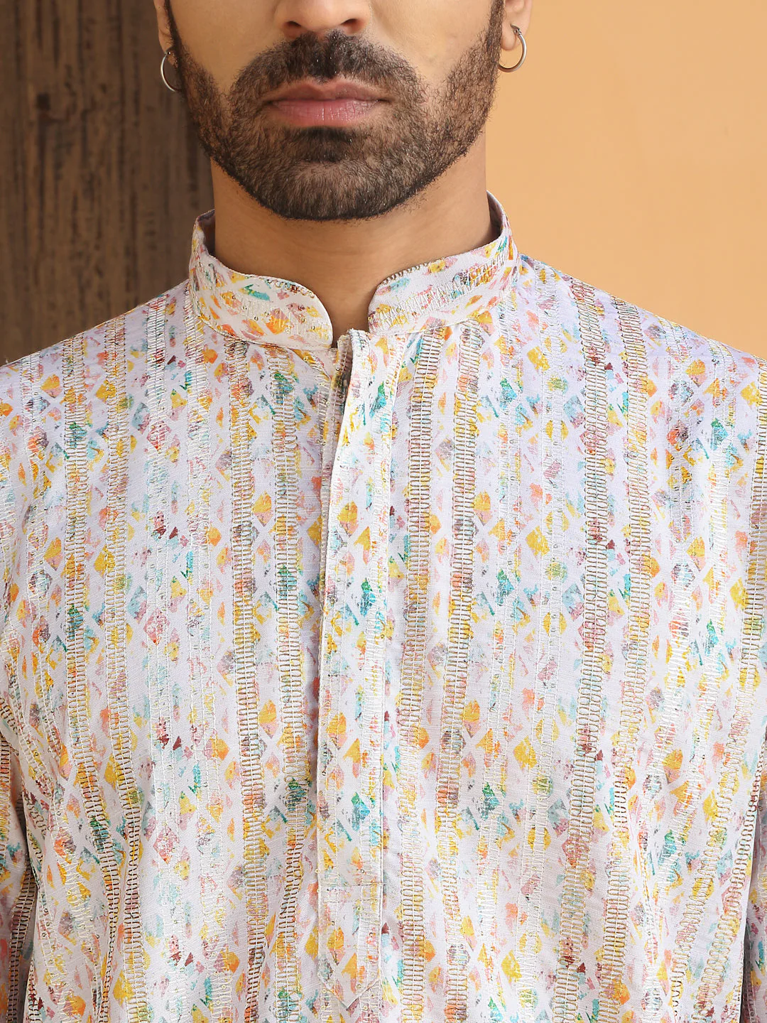 Cotton Zari Embroidered Chikan Print Kurta with white Elastic waistband Pyjama set - Image 8