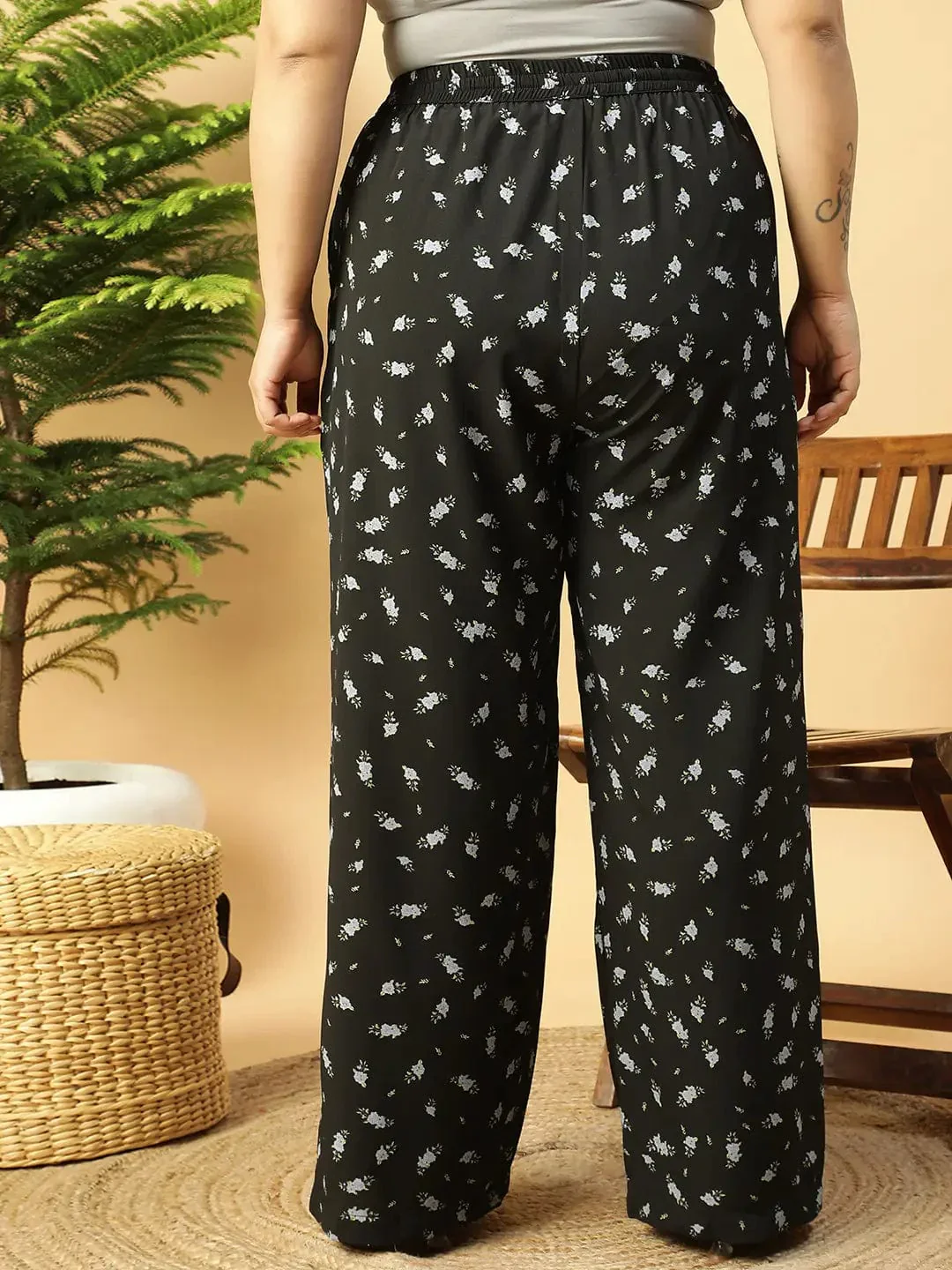 Craze Black Floral Print Elasticated Plus Size Women Pant - Image 5