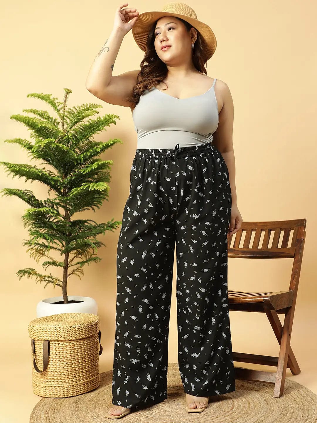 Craze Black Floral Print Elasticated Plus Size Women Pant - Image 8
