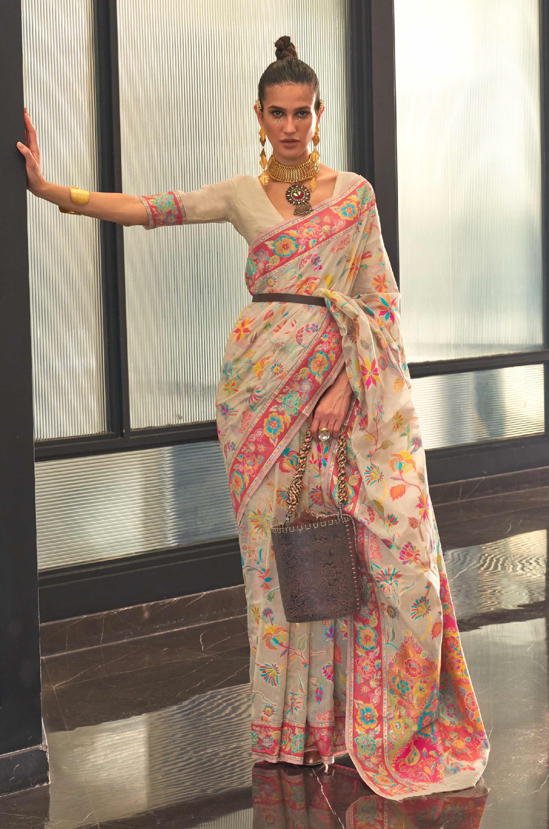 Cream Floral Woven Silk Saree