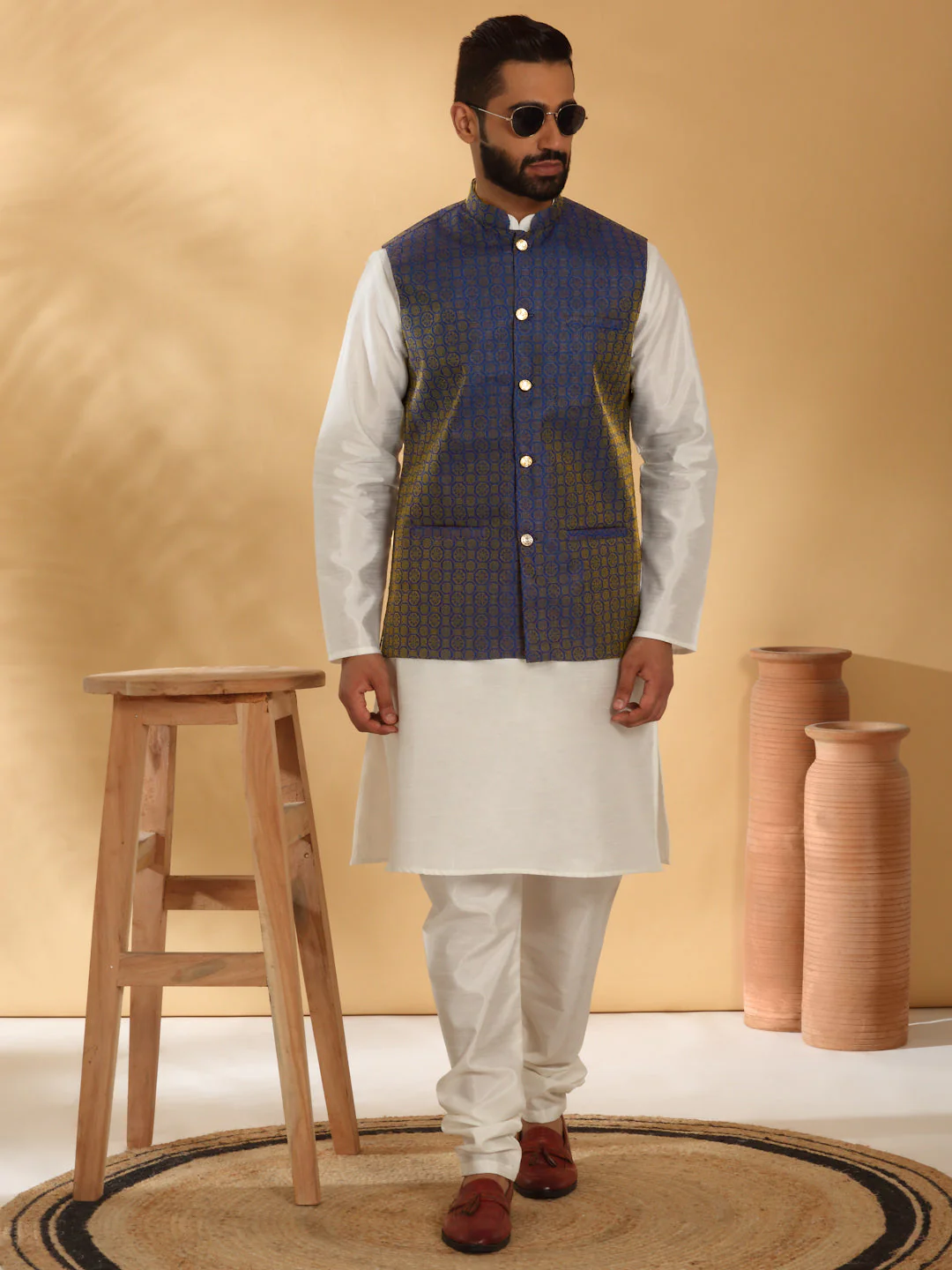 Cream Silk Blend Kurta churidar with Jacquard Geometric Sleeveless Nehru Jacket set - Image 117