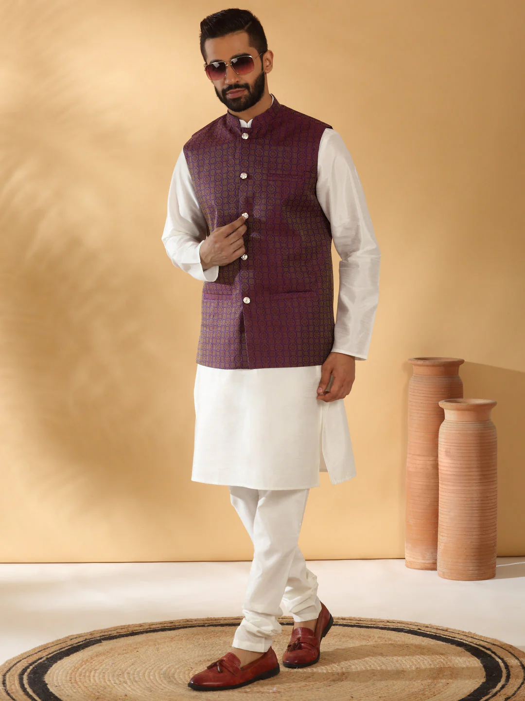 Cream Silk Blend Kurta churidar with Jacquard Geometric Sleeveless Nehru Jacket set - Image 124