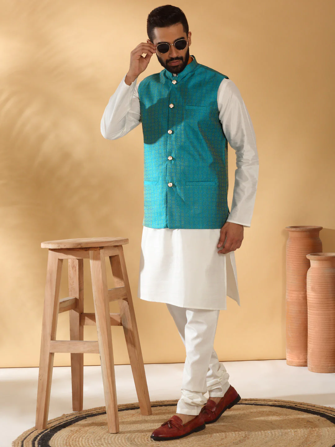 Cream Silk Blend Kurta churidar with Jacquard Geometric Sleeveless Nehru Jacket set - Image 146