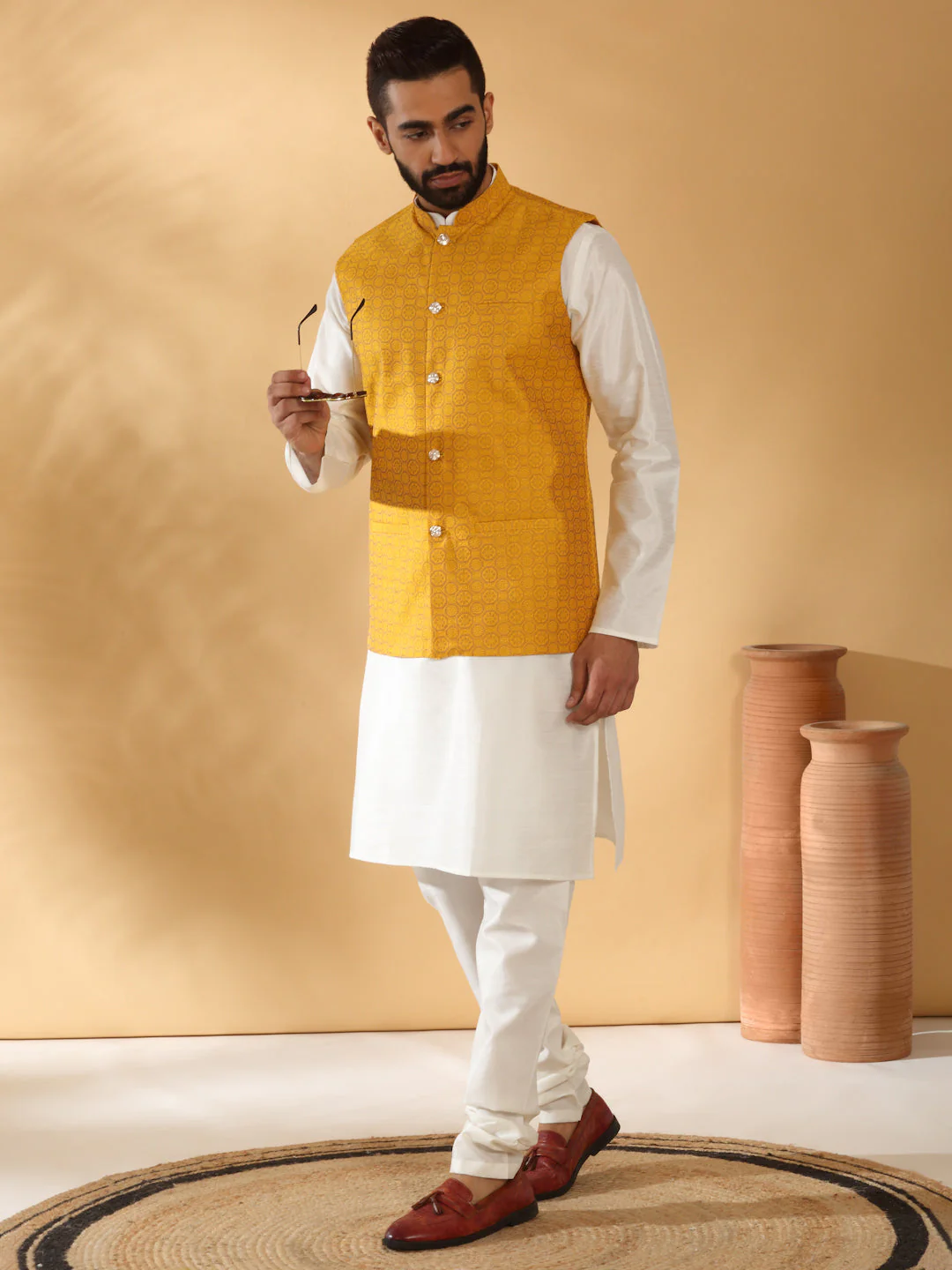 Cream Silk Blend Kurta churidar with Jacquard Geometric Sleeveless Nehru Jacket set - Image 242