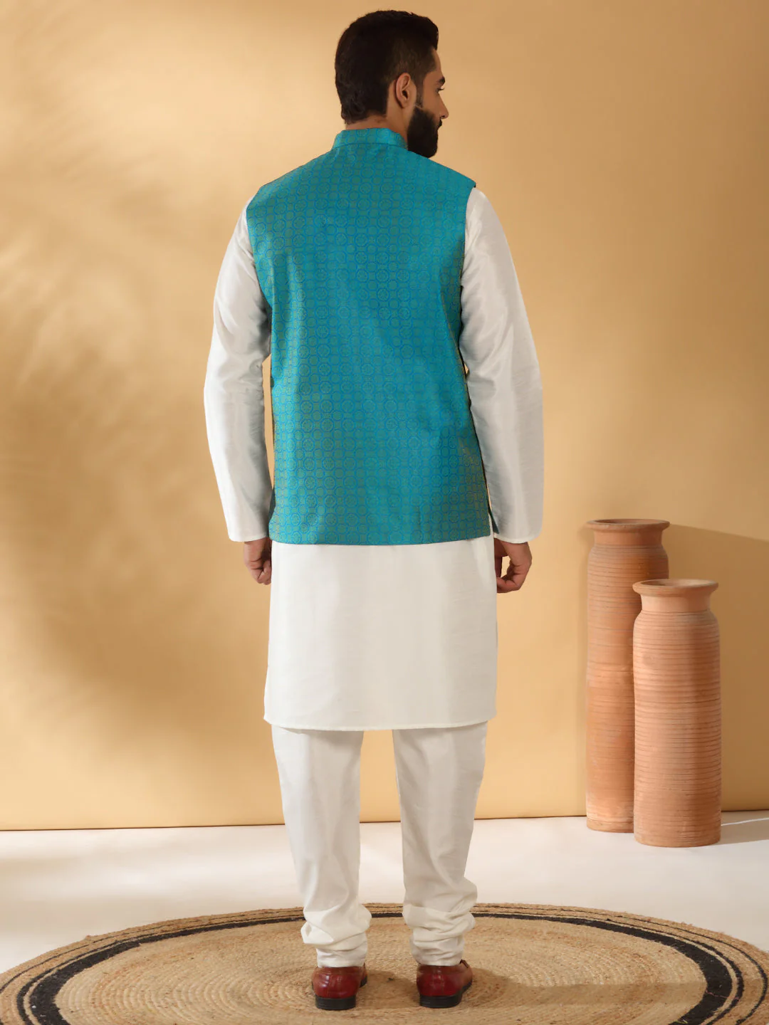 Cream Silk Blend Kurta churidar with Jacquard Geometric Sleeveless Nehru Jacket set - Image 32
