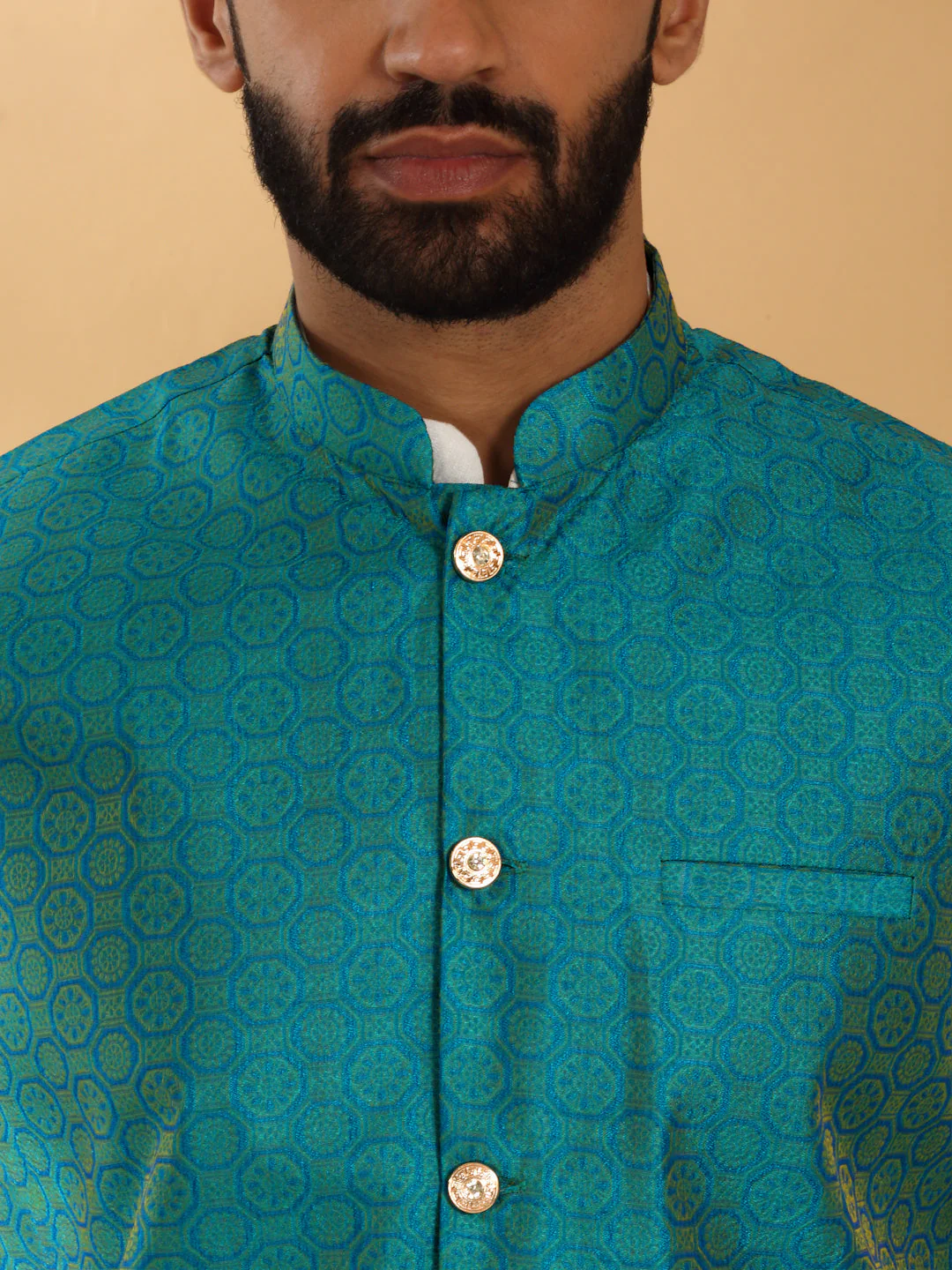 Cream Silk Blend Kurta churidar with Jacquard Geometric Sleeveless Nehru Jacket set - Image 33