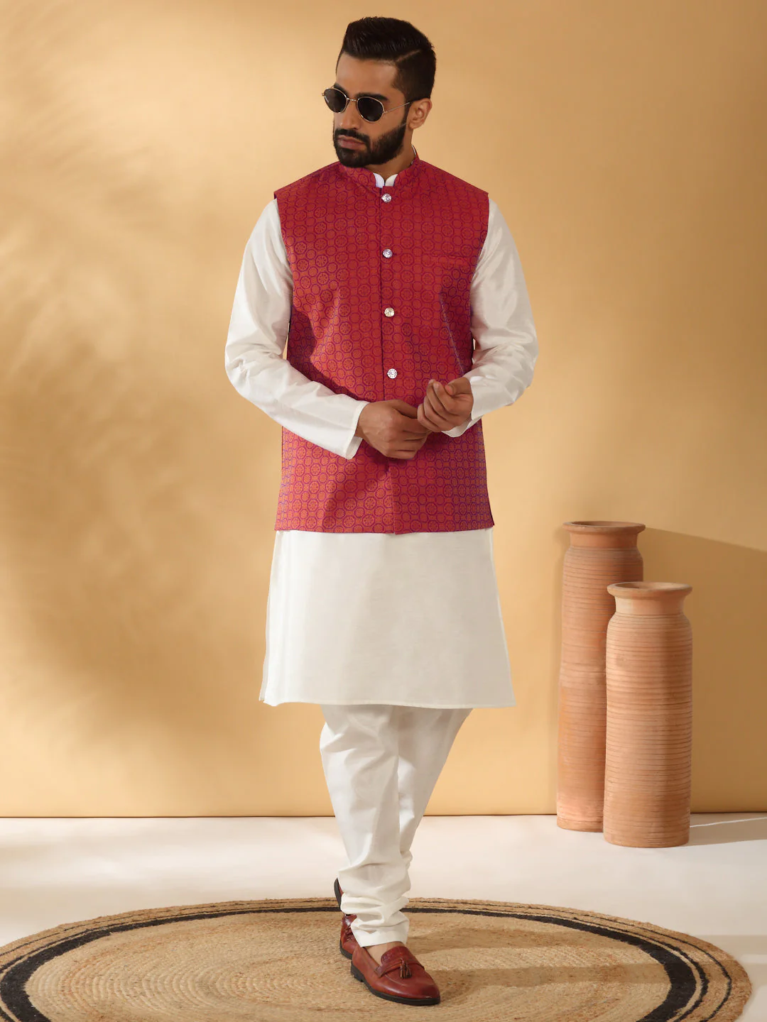 Cream Silk Blend Kurta churidar with Jacquard Geometric Sleeveless Nehru Jacket set - Image 50