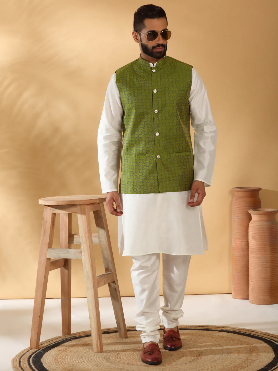 Cream Silk Blend Kurta churidar with Jacquard Geometric Sleeveless Nehru Jacket set - Image 66