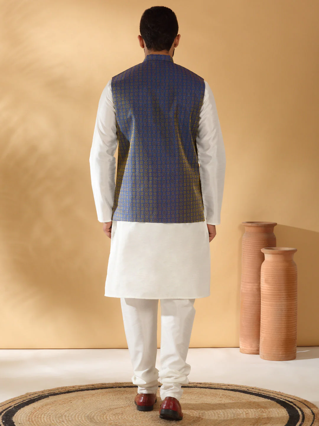 Cream Silk Blend Kurta churidar with Jacquard Geometric Sleeveless Nehru Jacket set - Image 7