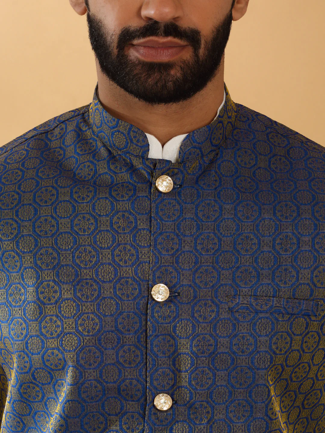 Cream Silk Blend Kurta churidar with Jacquard Geometric Sleeveless Nehru Jacket set - Image 8