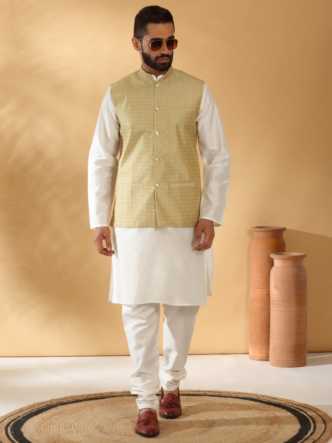 Cream Silk Blend Kurta churidar with Jacquard Geometric Sleeveless Nehru Jacket set - Image 86