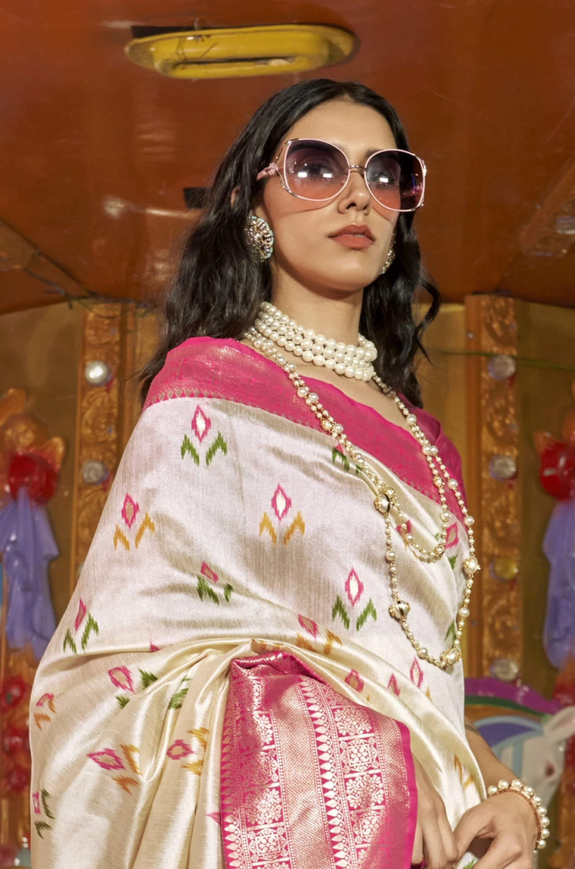 Cream Woven Silk Saree - Image 2
