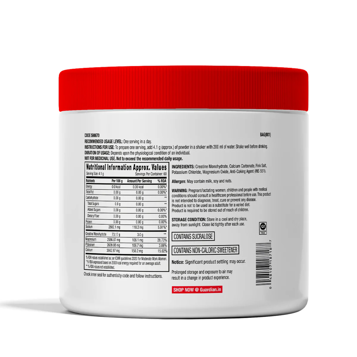 CREATINE + ELECTROLYTES (UNFLAVOURED) POWDER 250G - Image 11