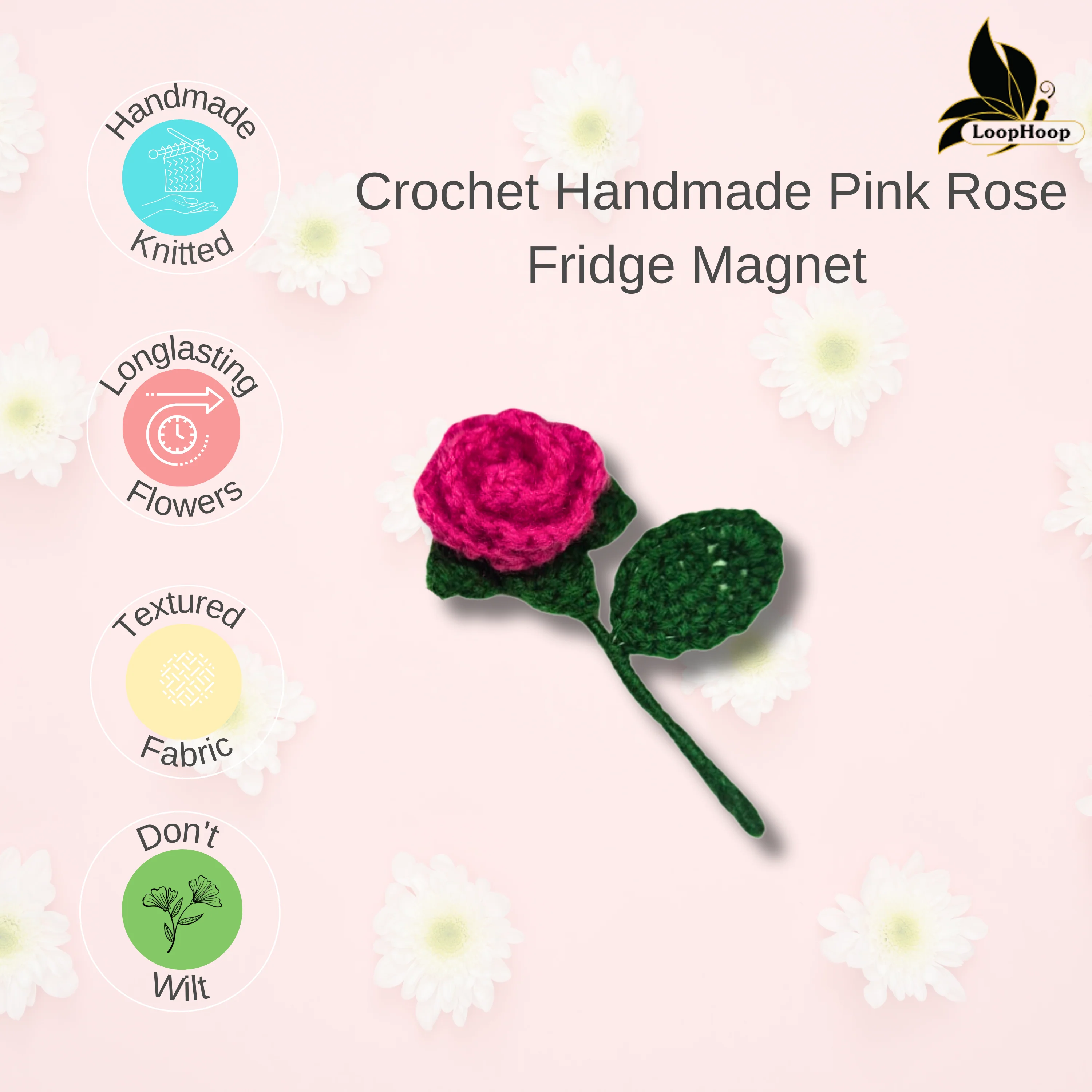 Crochet Handmade Pink Rose Fridge Magnet (1 steam) - Image 2