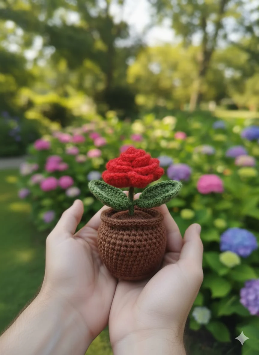 Crochet Handmade Red Rose Pot - Image 2