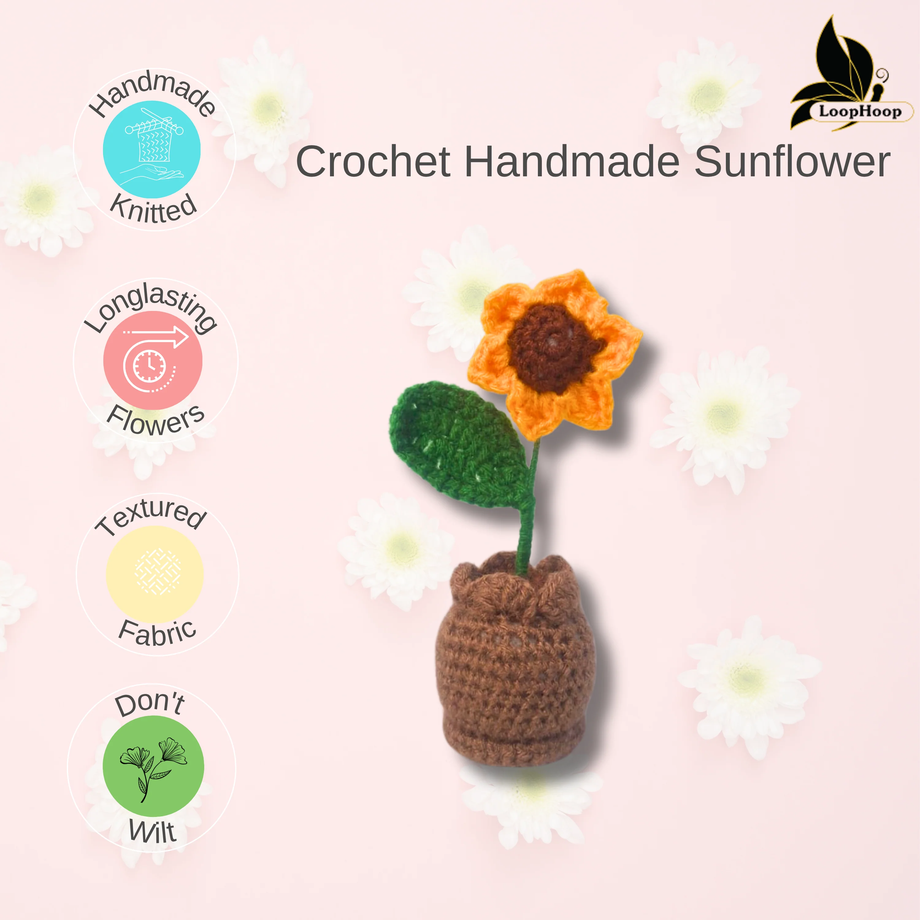 Crochet Handmade Yellow Sunflower Pot (1 steam) - Image 2
