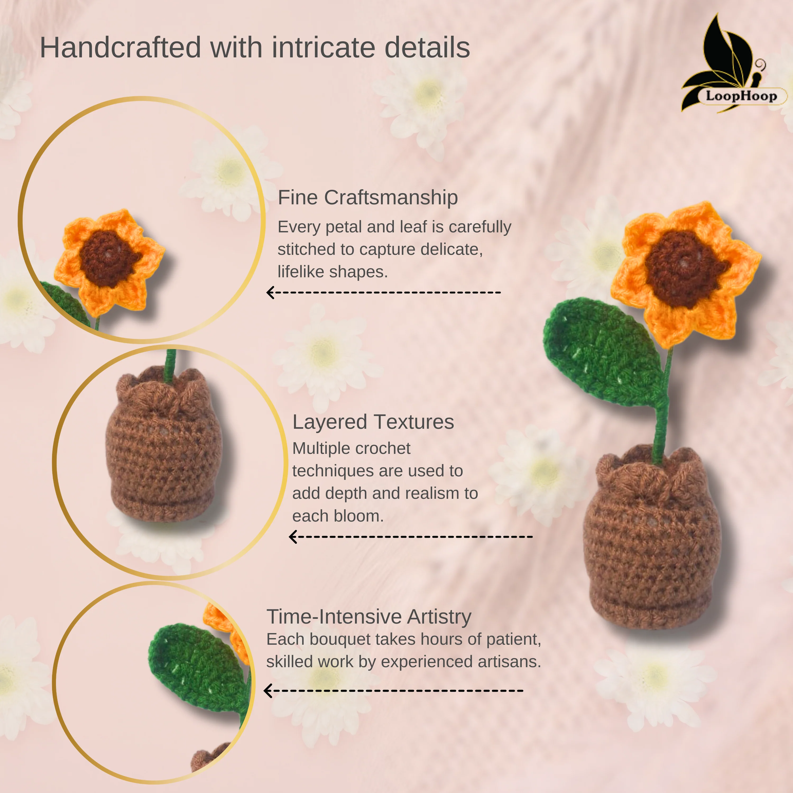 Crochet Handmade Yellow Sunflower Pot (1 steam) - Image 3