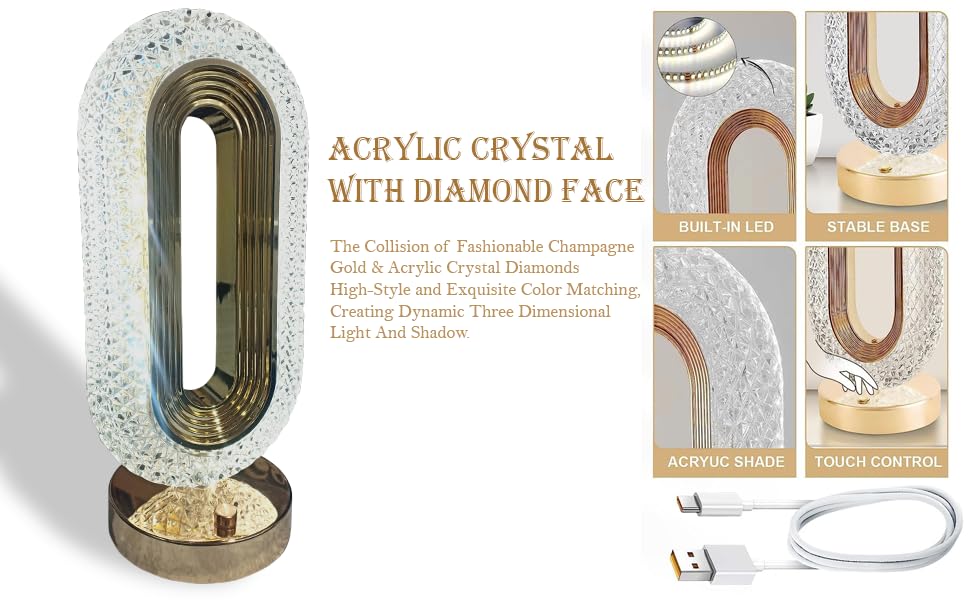 Crystal Table Lamp Touch Control 3-Way Dimmable Light USB Rechargeable - Image 8