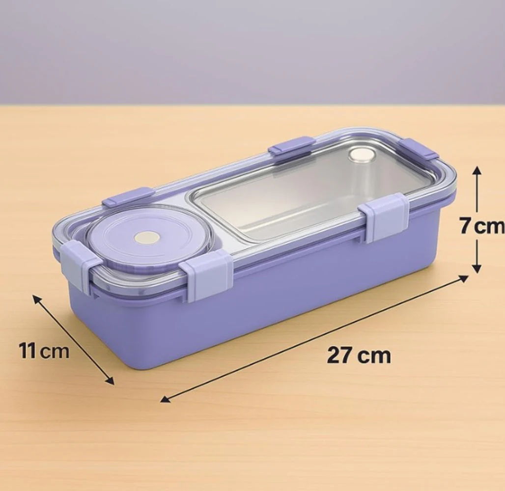 CuddleNest Bento-Style Stainless Steel Lunch Box | 600ml + 150ml Inner Round Container | Leak-Proof Lid, BPA-Free, Compact for Kids, Office & Travel - Image 15