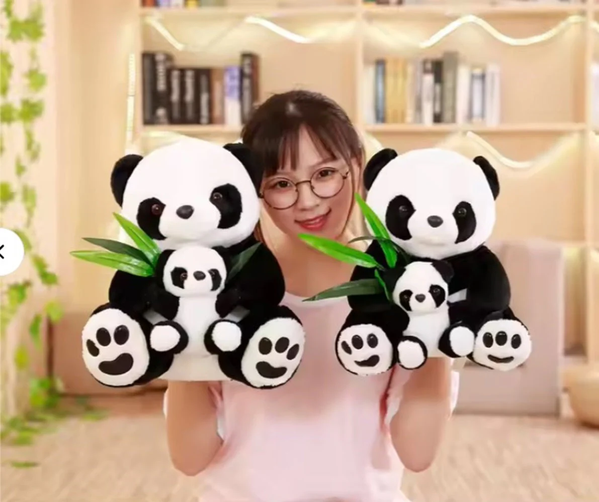 CuddleNest Cuddly Panda Mom and Baby Plush Toy Set – Soft Hugging Stuffed Animals with Bamboo Accent - Image 4