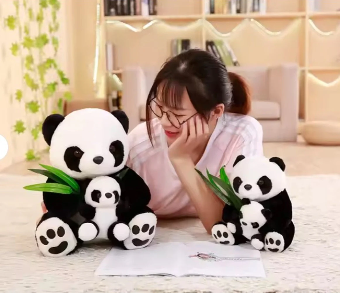 CuddleNest Cuddly Panda Mom and Baby Plush Toy Set – Soft Hugging Stuffed Animals with Bamboo Accent - Image 5
