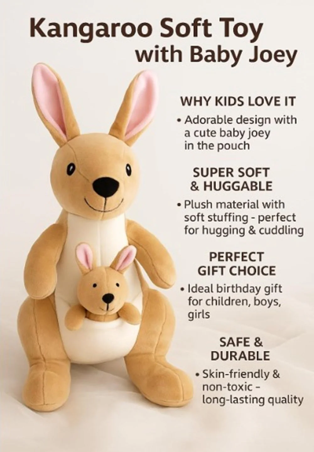 CuddleNest Kangaroo Soft Toy with Baby Joey Pouch – Ultra Soft & Cuddly Plush Animal for Kids, Toddlers, Boys, Girls & Gifting Stuffed Toy | 35 Cm - Image 5