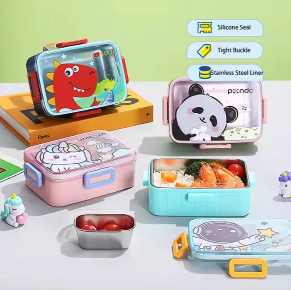 CuddleNest Kids Cartoon Lunch Box – 600ml + 100ml Stainless Steel Tiffin with Extra Bowl | Leakproof, BPA-Free & Cute Designs (Dino, Unicorn, Panda, Space)