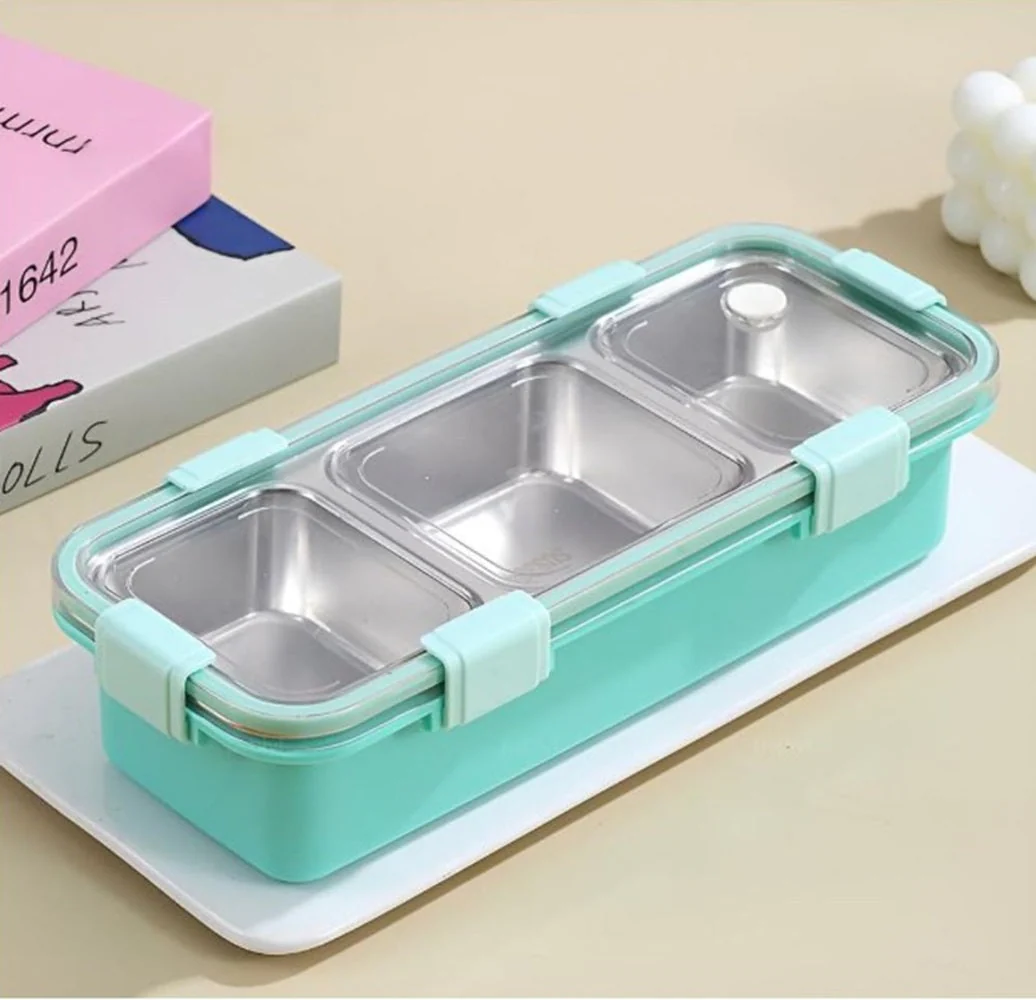 CuddleNest Premium 3-Compartment Stainless Steel Snack Box | Leak-Proof & BPA-Free Solid Food Container | Dishwasher Safe | Perfect for Kids, School, Office & Travel (650ml) - Image 2