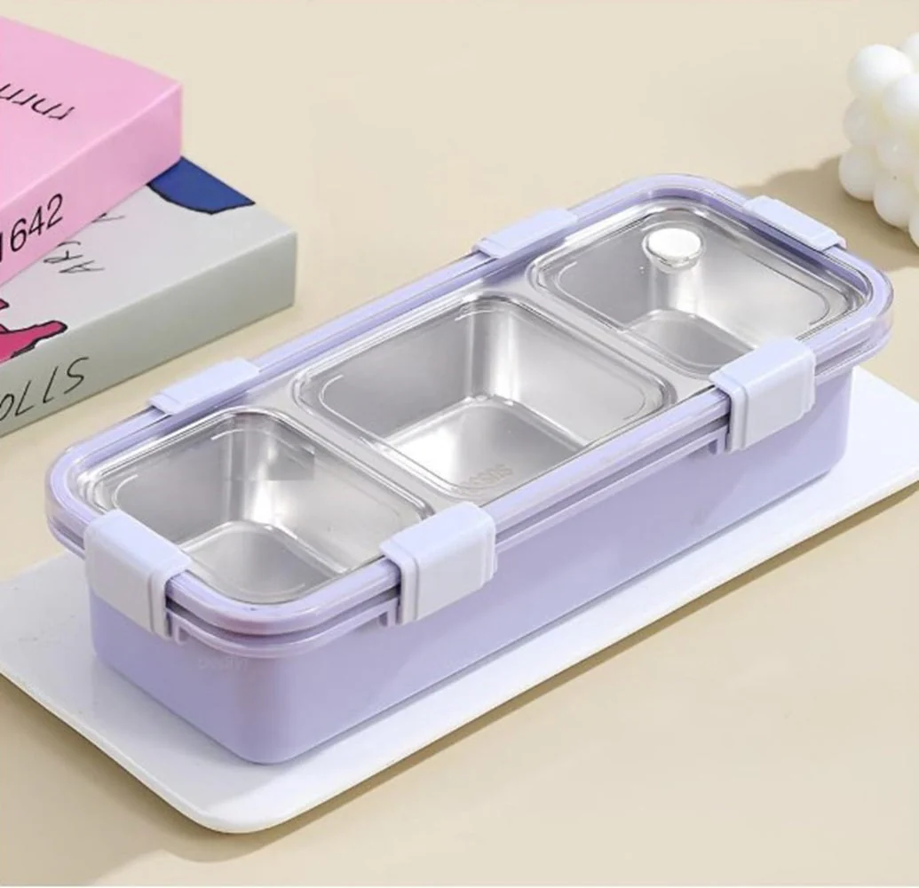 CuddleNest Premium 3-Compartment Stainless Steel Snack Box | Leak-Proof & BPA-Free Solid Food Container | Dishwasher Safe | Perfect for Kids, School, Office & Travel (650ml) - Image 3