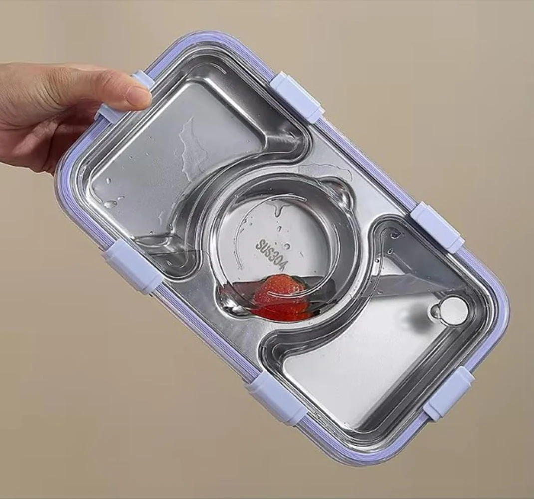 CuddleNest Stainless Steel Lunch Box with 3 Compartments (650ml + 150ml), Spoon & Chopsticks | Leakproof Thermal Tiffin for Kids & Office - Image 6