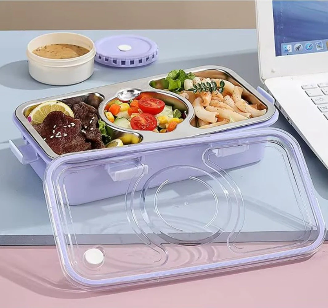 CuddleNest Stainless Steel Lunch Box with 3 Compartments (650ml + 150ml), Spoon & Chopsticks | Leakproof Thermal Tiffin for Kids & Office - Image 7