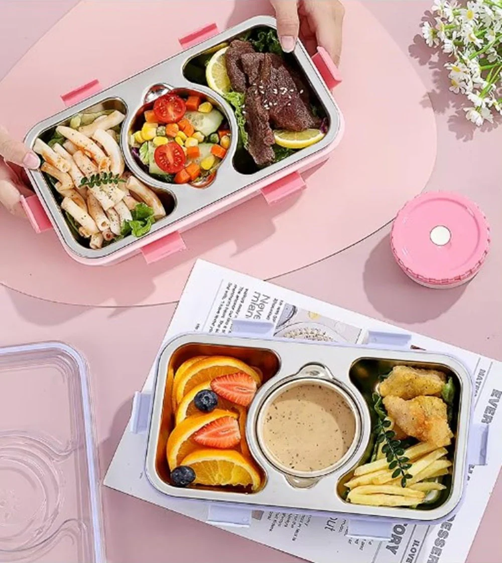 CuddleNest Stainless Steel Lunch Box with 3 Compartments (650ml + 150ml), Spoon & Chopsticks | Leakproof Thermal Tiffin for Kids & Office - Image 9