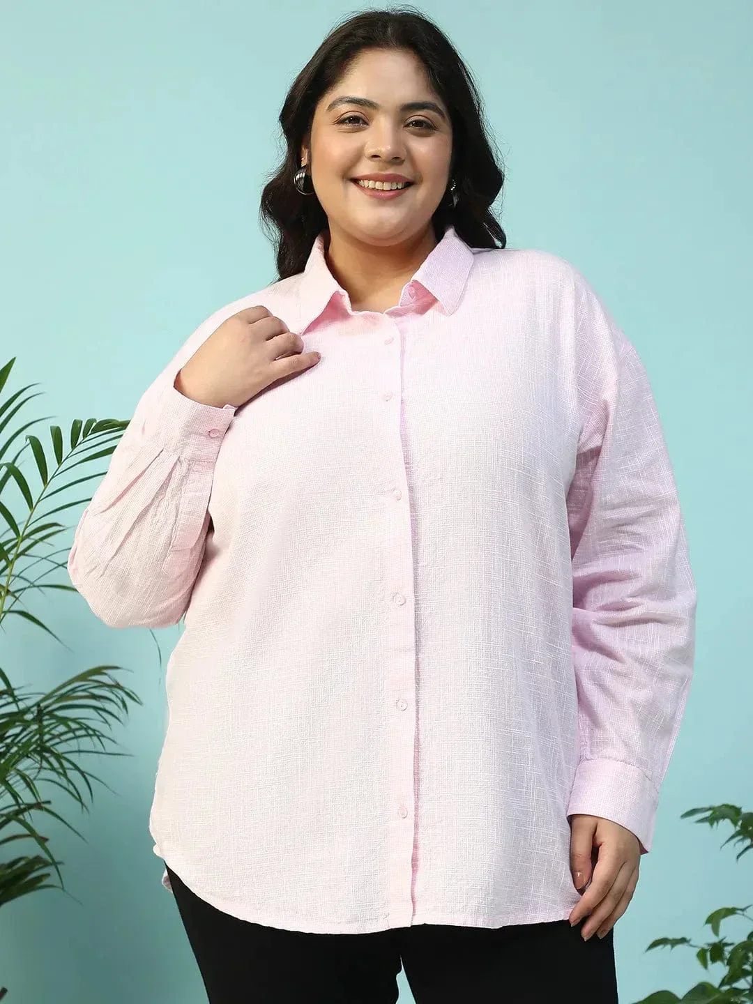 Curated Pink Yarn-Dyed Collared Long Sleeve Button Down Plus Size Women Cotton Shirt