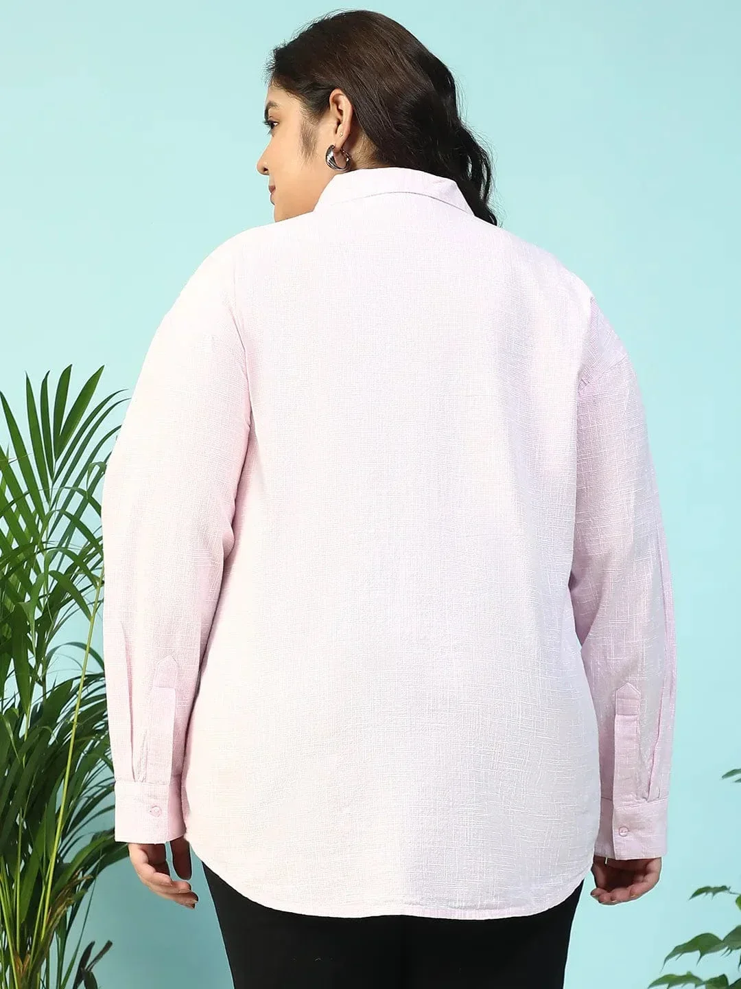 Curated Pink Yarn-Dyed Collared Long Sleeve Button Down Plus Size Women Cotton Shirt - Image 5