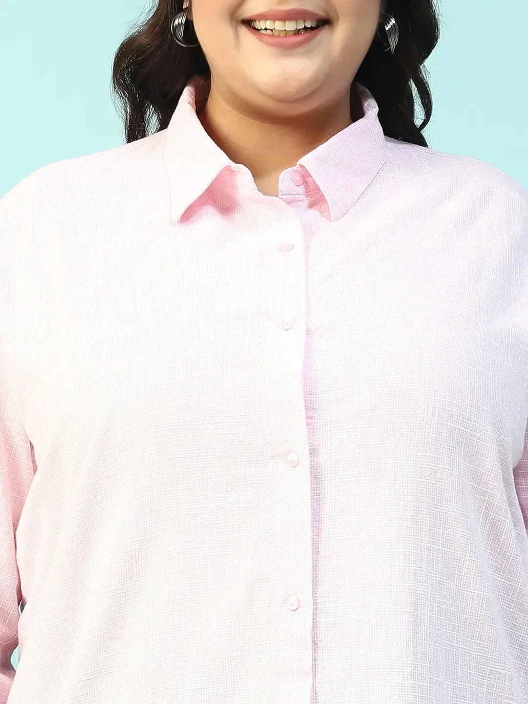 Curated Pink Yarn-Dyed Collared Long Sleeve Button Down Plus Size Women Cotton Shirt - Image 6