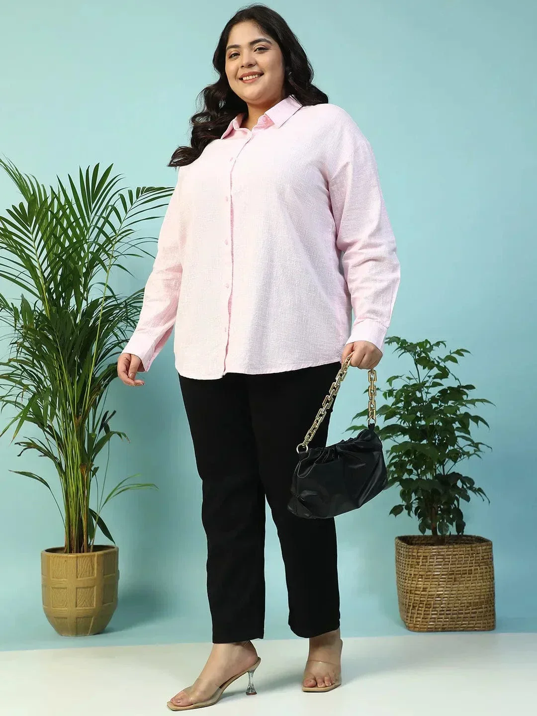 Curated Pink Yarn-Dyed Collared Long Sleeve Button Down Plus Size Women Cotton Shirt - Image 7