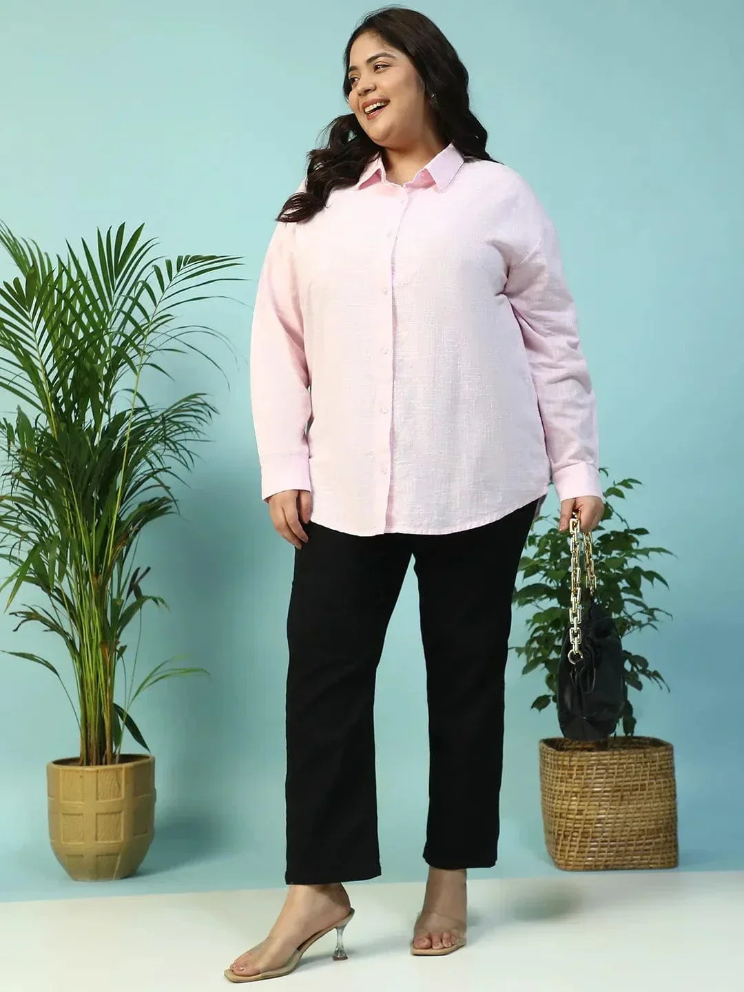 Curated Pink Yarn-Dyed Collared Long Sleeve Button Down Plus Size Women Cotton Shirt - Image 8