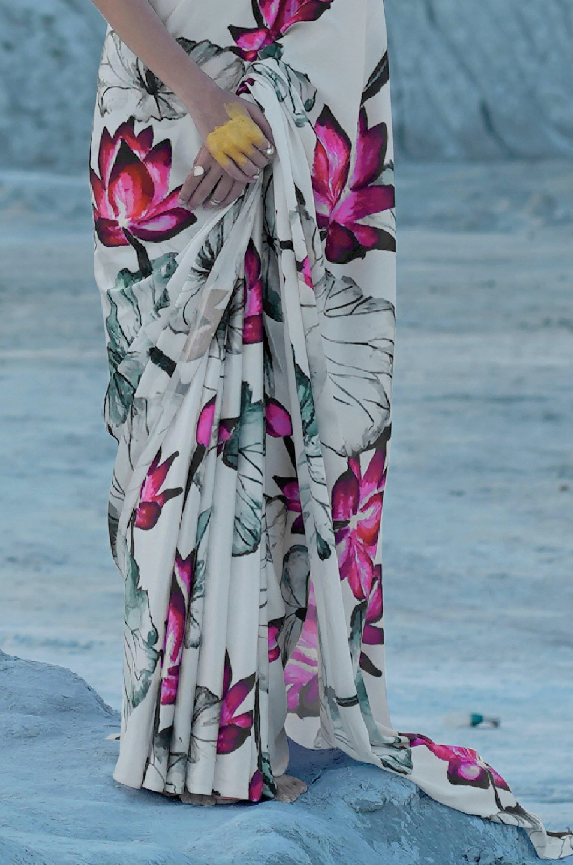 Daisy White With Floral Digital Printed Satin Silk Saree - Image 2