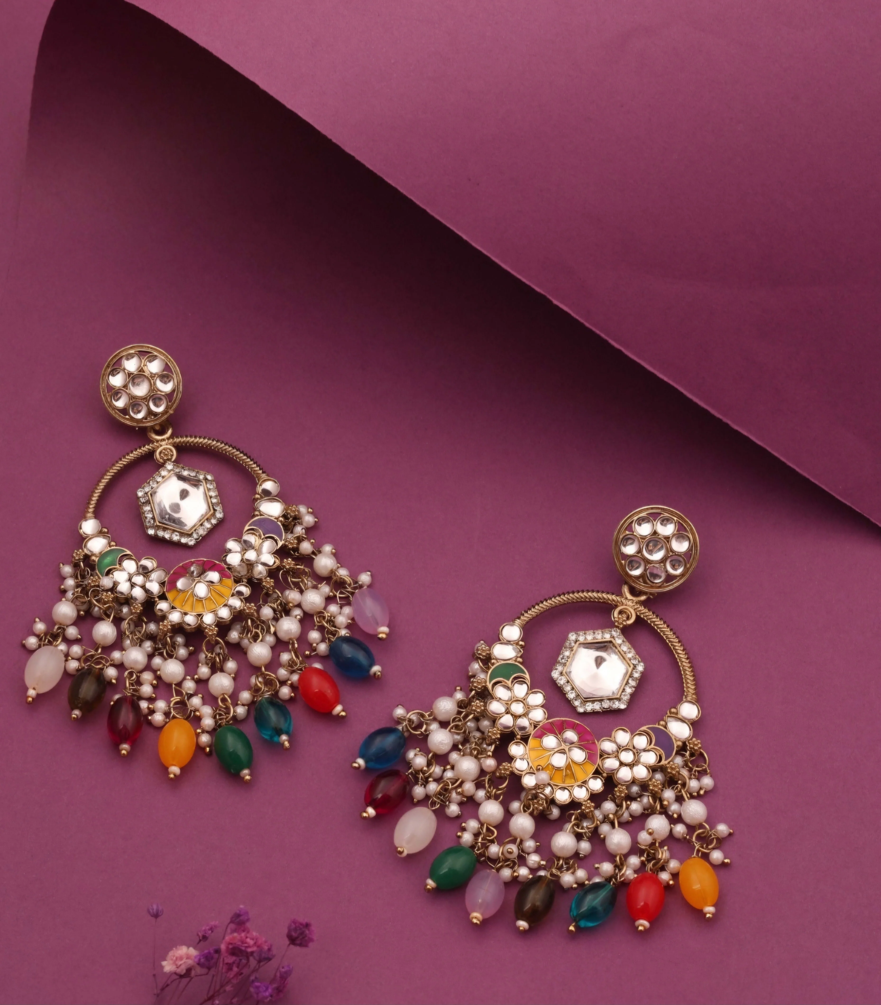 Daman : Gold Plated Kundan Drop Earrings - Multicolor - Image 2